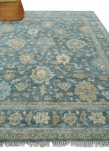 Teal, Olive and Silver Antique Style Hand knotted 8x10 Oushak wool Area Rug