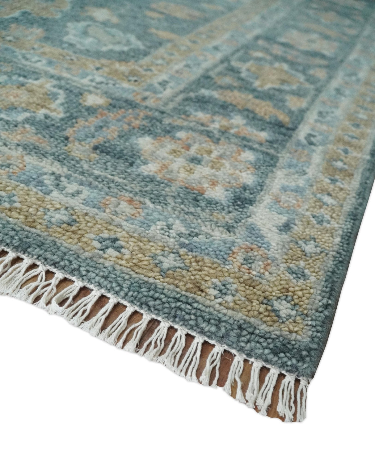 Teal, Olive and Silver Antique Style Hand knotted 8x10 Oushak wool Area Rug