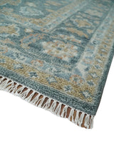 Teal, Olive and Silver Antique Style Hand knotted 8x10 Oushak wool Area Rug