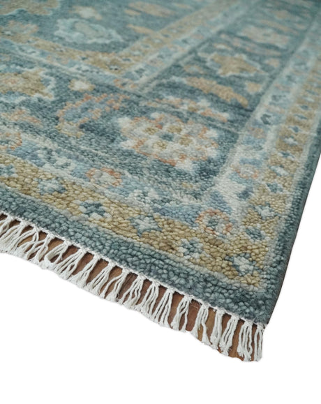 Teal, Olive and Silver Antique Style Hand knotted 8x10 Oushak wool Area Rug