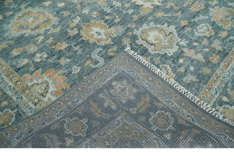 Teal, Olive and Silver Antique Style Hand knotted 8x10 Oushak wool Area Rug