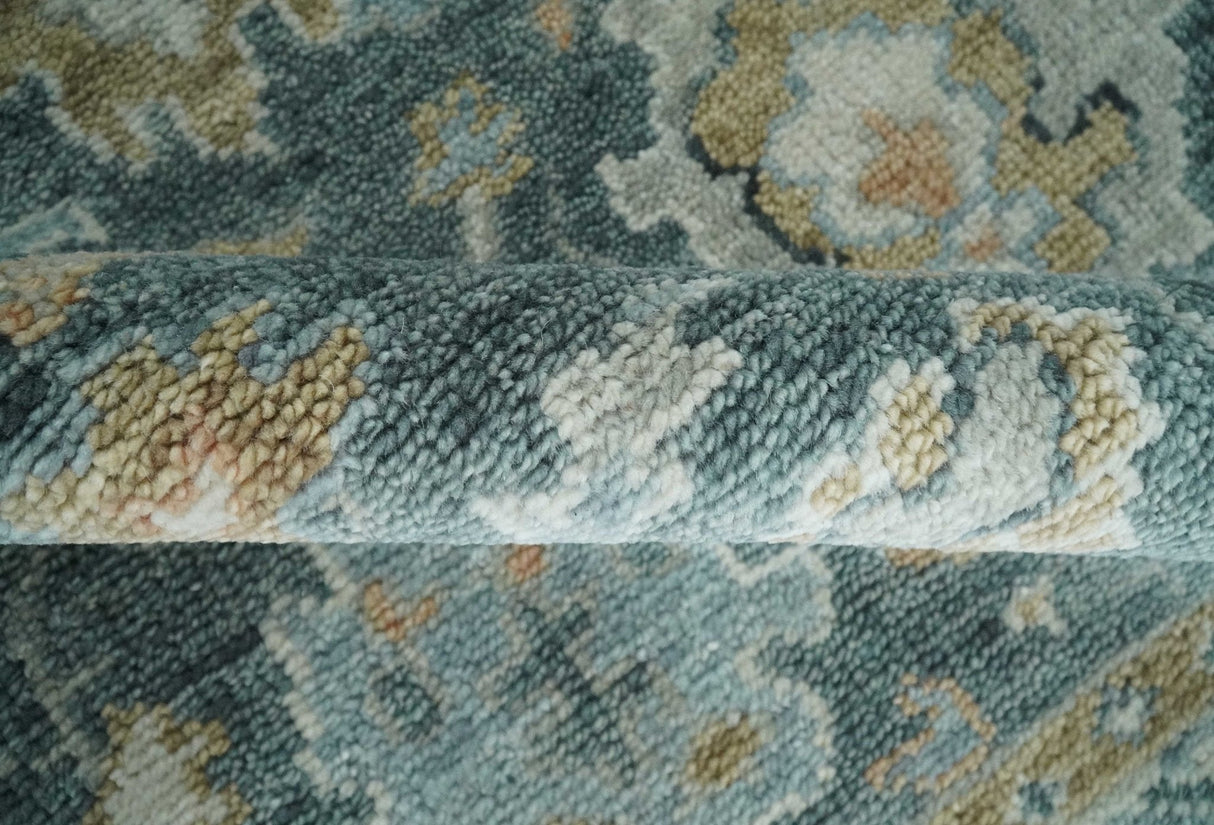 Teal, Olive and Silver Antique Style Hand knotted 8x10 Oushak wool Area Rug