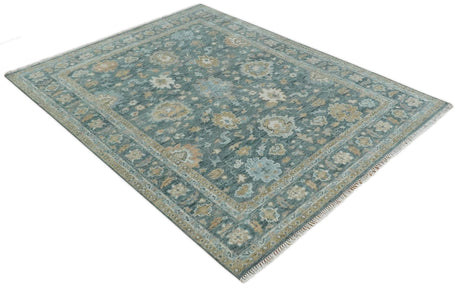 Teal, Olive and Silver Antique Style Hand knotted 8x10 Oushak wool Area Rug
