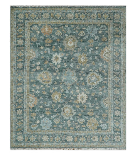 Teal, Olive and Silver Antique Style Hand knotted 8x10 Oushak wool Area Rug