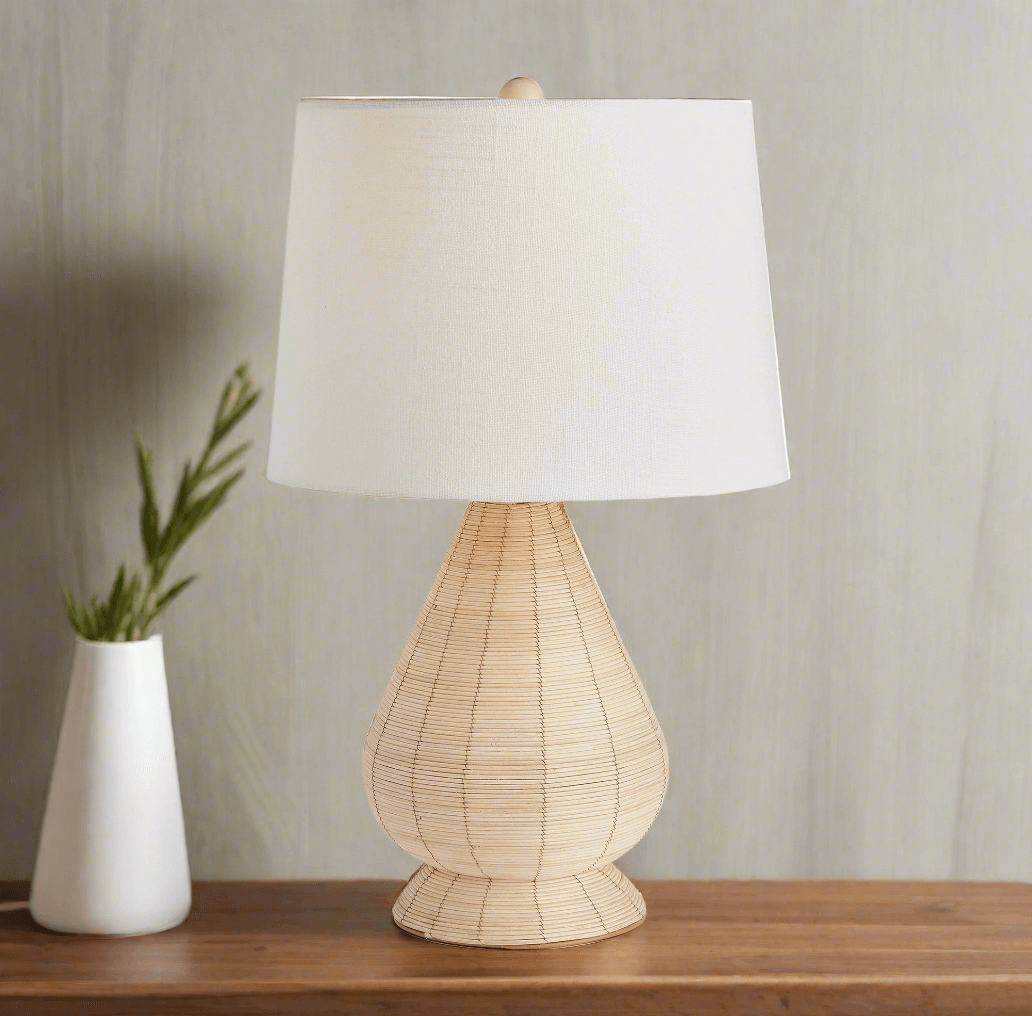 Teardrop Rattan Table Lamp with White Linen Shade-table lamp-Parc Decor