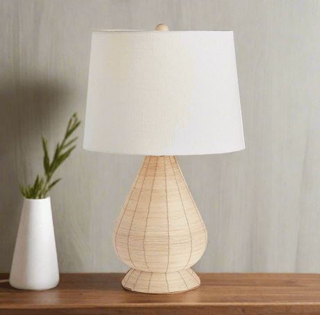 Teardrop Rattan Table Lamp with White Linen Shade-table lamp-Parc Decor