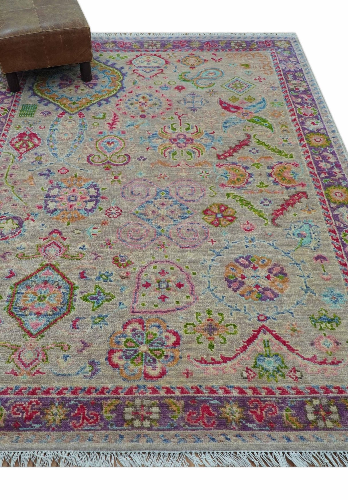 Terra Custom Made Traditional Tribal Design Beige And Pink Hand Knotted Wool Rug