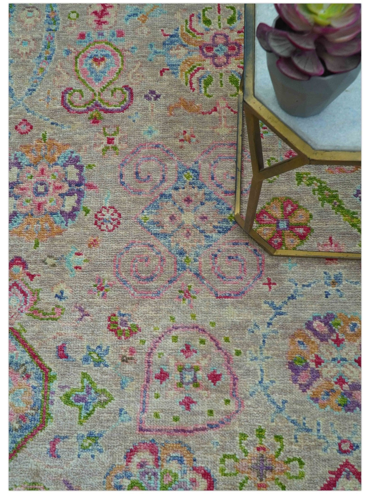 Terra Custom Made Traditional Tribal Design Beige And Pink Hand Knotted Wool Rug