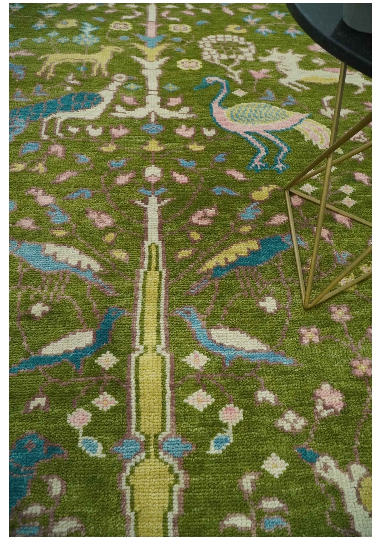 The Green Jungle Life Teal and Peach Peacock Bird Hand Knotted 8x10 Wool Area Rug