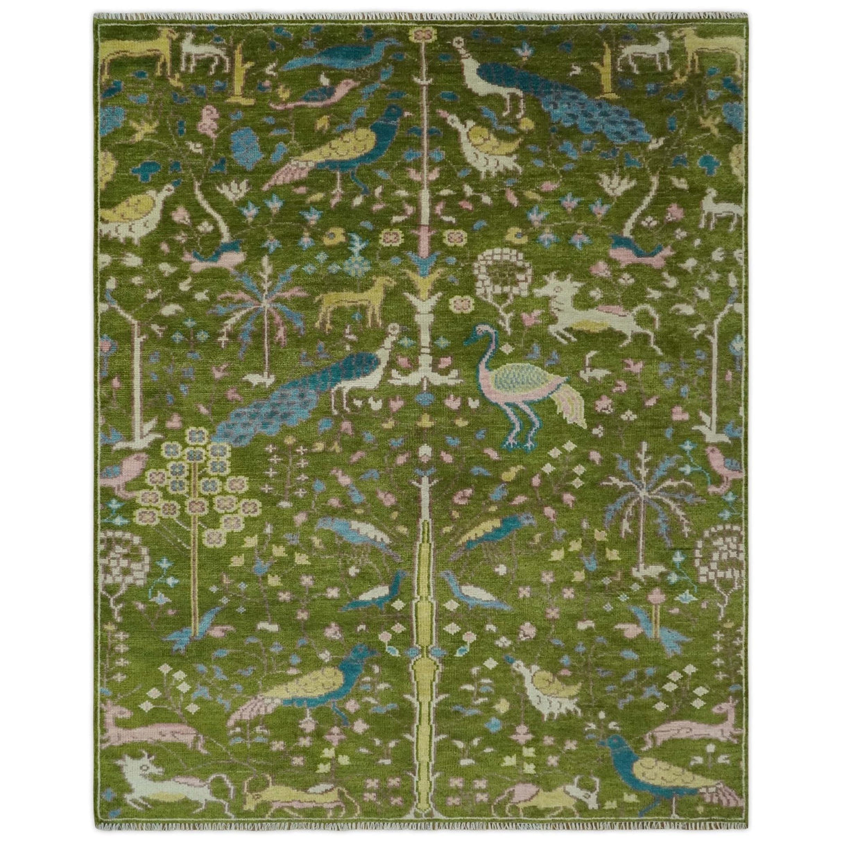 The Green Jungle Life Teal and Peach Peacock Bird Hand Knotted 8x10 Wool Area Rug