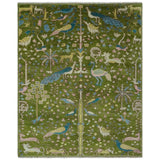 The Green Jungle Life Teal and Peach Peacock Bird Hand Knotted 8x10 Wool Area Rug