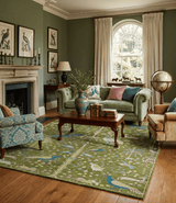 The Green Jungle Life Teal and Peach Peacock Bird Hand Knotted Custom Made Wool Area Rug