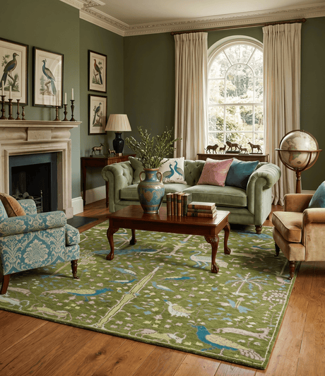 The Green Jungle Life Teal and Peach Peacock Bird Hand Knotted Custom Made Wool Area Rug