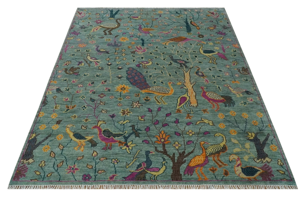 The Jungle Life Peacock on tree Rug Hand Knotted Multi Size Green Wool Rug