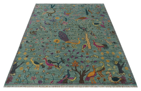 The Jungle Life Peacock on tree Rug Hand Knotted Multi Size Green Wool Rug