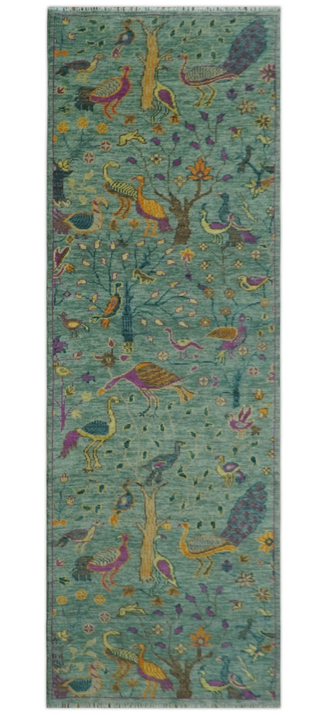 The Jungle Life Peacock on tree Rug Hand Knotted Multi Size Green Wool Rug