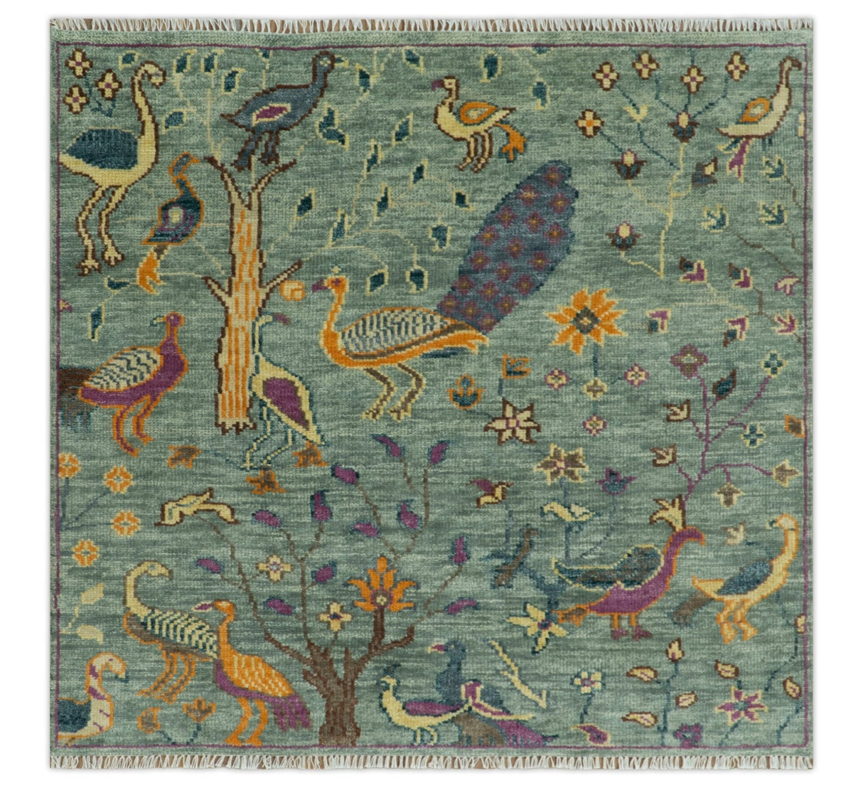 The Jungle Life Peacock on tree Rug Hand Knotted Multi Size Green Wool Rug