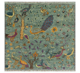 The Jungle Life Peacock on tree Rug Hand Knotted Multi Size Green Wool Rug