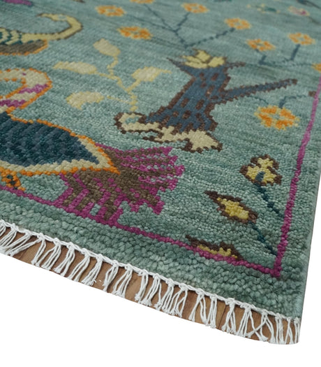 The Jungle Life Peacock on tree Rug Hand Knotted Multi Size Green Wool Rug
