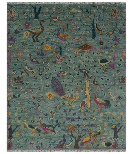 The Jungle Life Peacock on tree Rug Hand Knotted Multi Size Green Wool Rug
