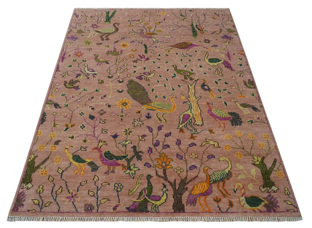 The Jungle Life Peacock on tree Rug Hand Knotted Multi Size Peach Wool Rug