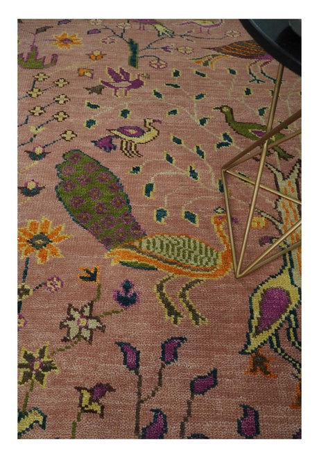 The Jungle Life Peacock on tree Rug Hand Knotted Multi Size Peach Wool Rug