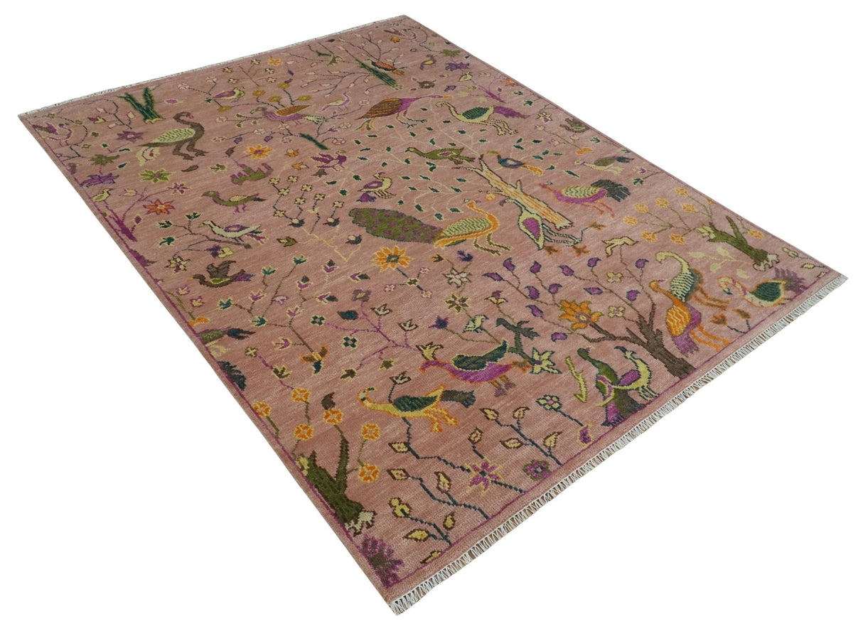 The Jungle Life Peacock on tree Rug Hand Knotted Multi Size Peach Wool Rug