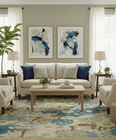 The Jungle Pond Custom Made Blue And Beige Hand Knotted Wool Area Rug