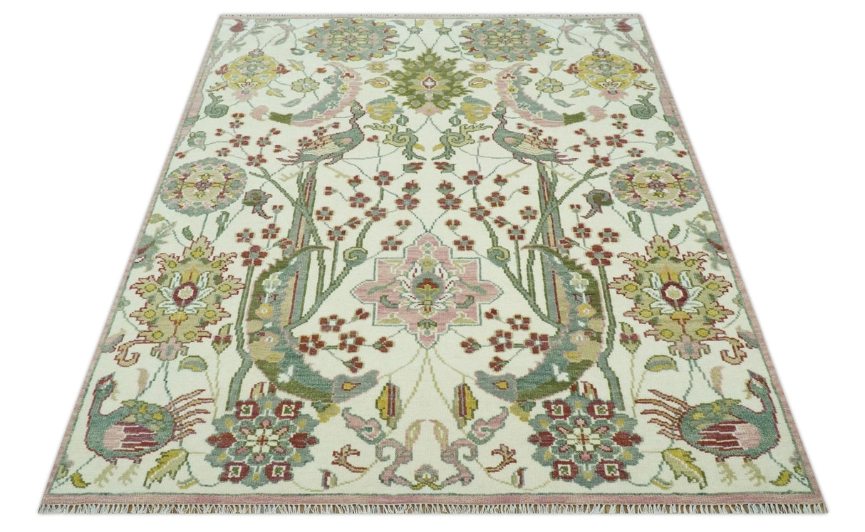 The Peacock Garden Ivory and Green Bird Hand Knotted Multi size Wool Area Rug