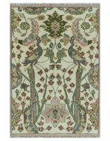 The Peacock Garden Ivory and Green Bird Hand Knotted Multi size Wool Area Rug