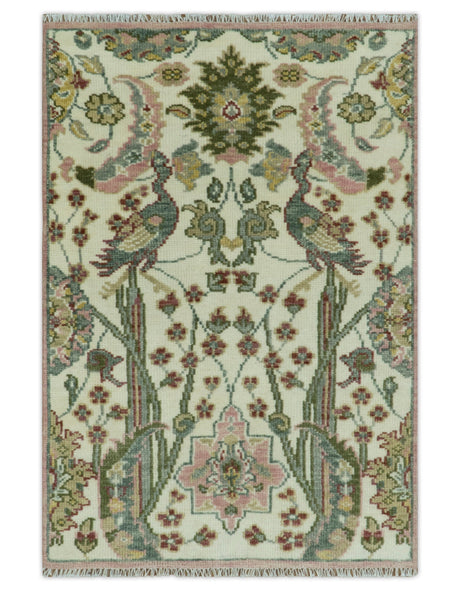 The Peacock Garden Ivory and Green Bird Hand Knotted Multi size Wool Area Rug