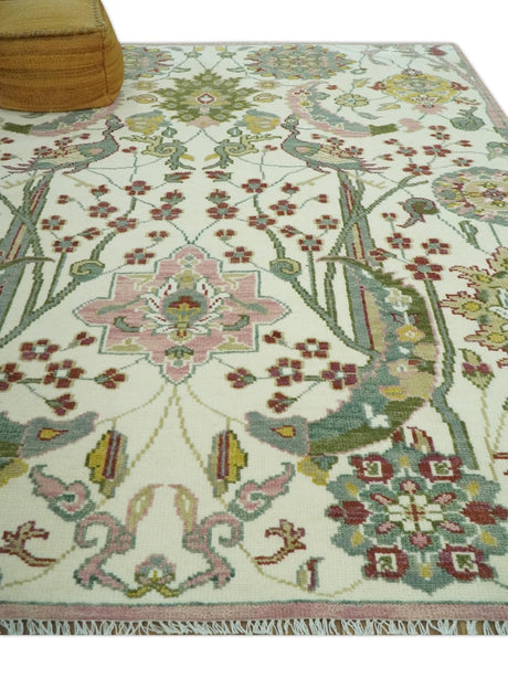 The Peacock Garden Ivory and Green Bird Hand Knotted Multi size Wool Area Rug
