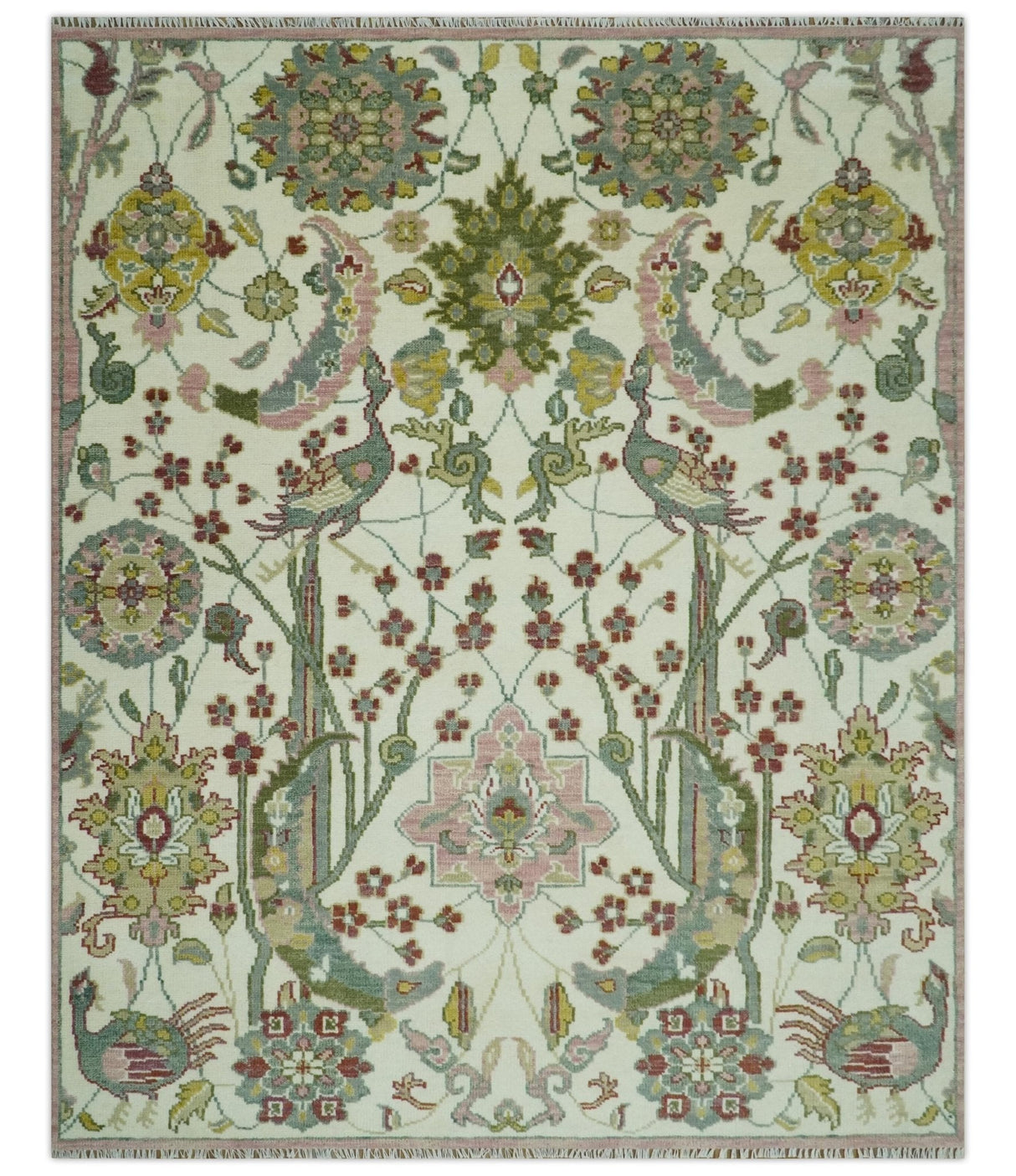 The Peacock Garden Ivory and Green Bird Hand Knotted Multi size Wool Area Rug