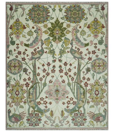 The Peacock Garden Ivory and Green Bird Hand Knotted Multi size Wool Area Rug