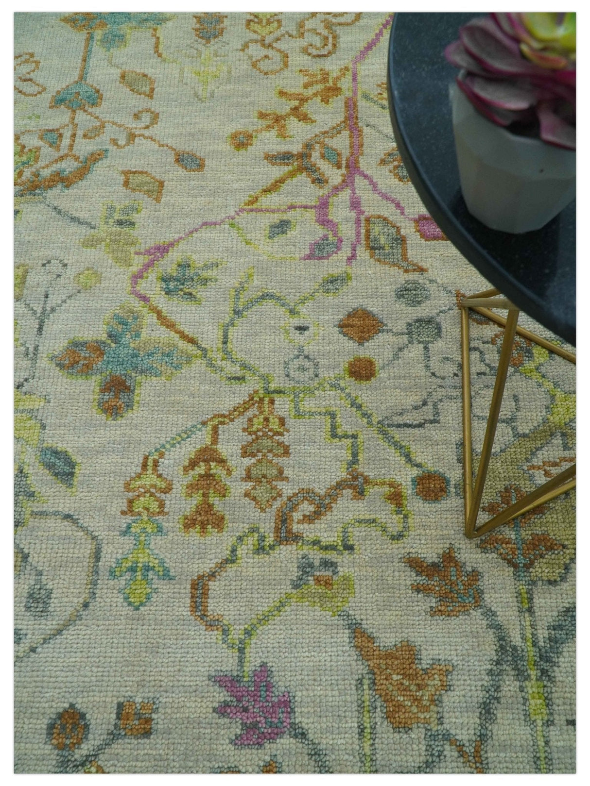 The Plants and Roots Ivory and Pink Hand Knotted Traditional Custom Made Wool Rug