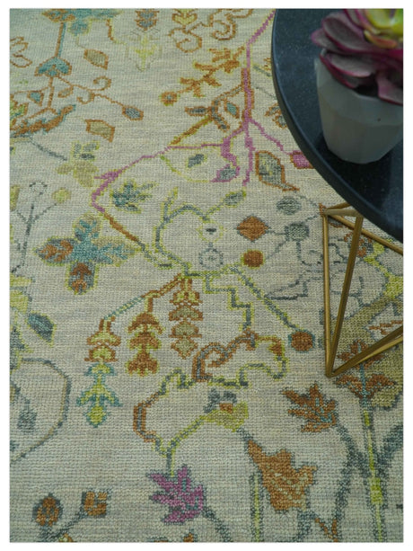 The Plants and Roots Ivory and Pink Hand Knotted Traditional Custom Made Wool Rug