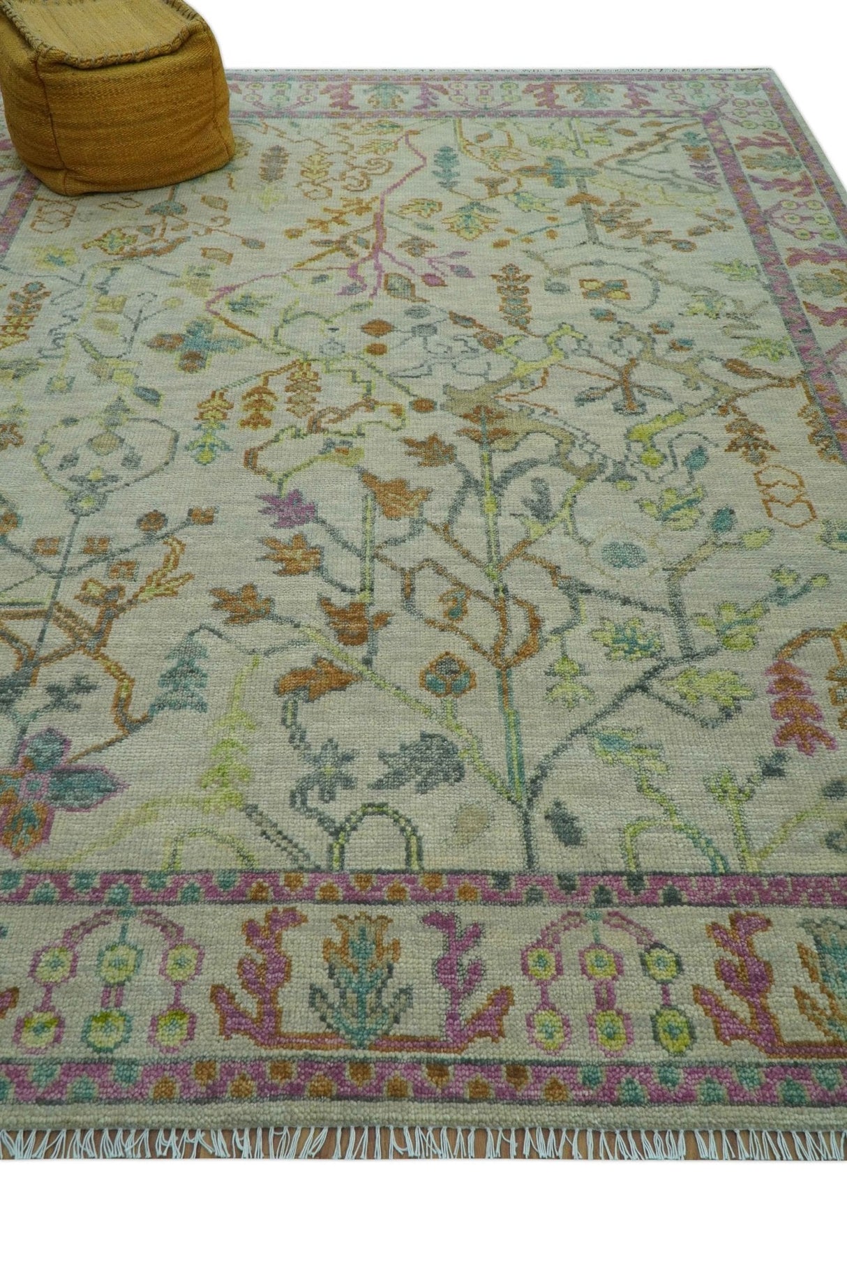 The Plants and Roots Ivory and Pink Hand Knotted Traditional Custom Made Wool Rug