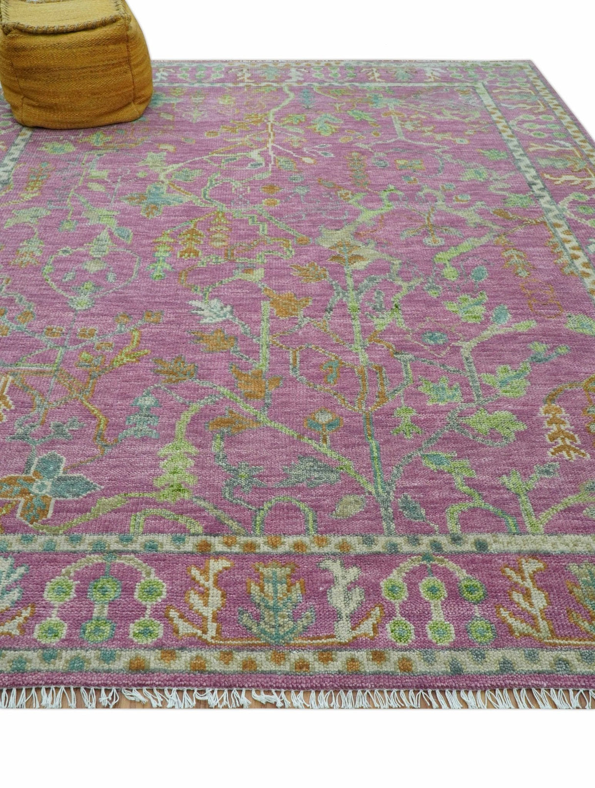 The Plants and Roots Pink and Green Hand Knotted Traditional Custom Made Wool Rug