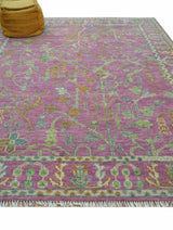 The Plants and Roots Pink and Green Hand Knotted Traditional Custom Made Wool Rug