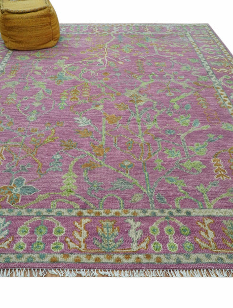 The Plants and Roots Pink and Green Hand Knotted Traditional Custom Made Wool Rug
