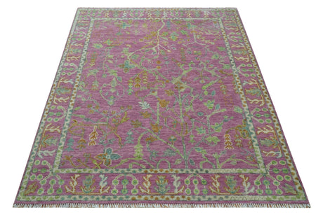 The Plants and Roots Pink and Green Hand Knotted Traditional Custom Made Wool Rug