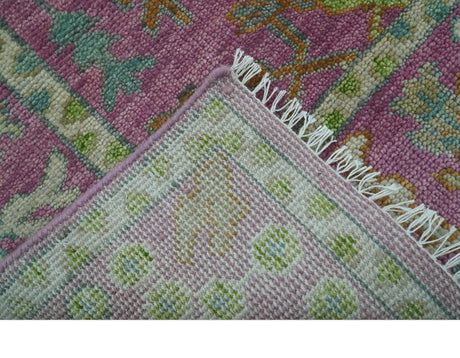 The Plants and Roots Pink and Green Hand Knotted Traditional Custom Made Wool Rug