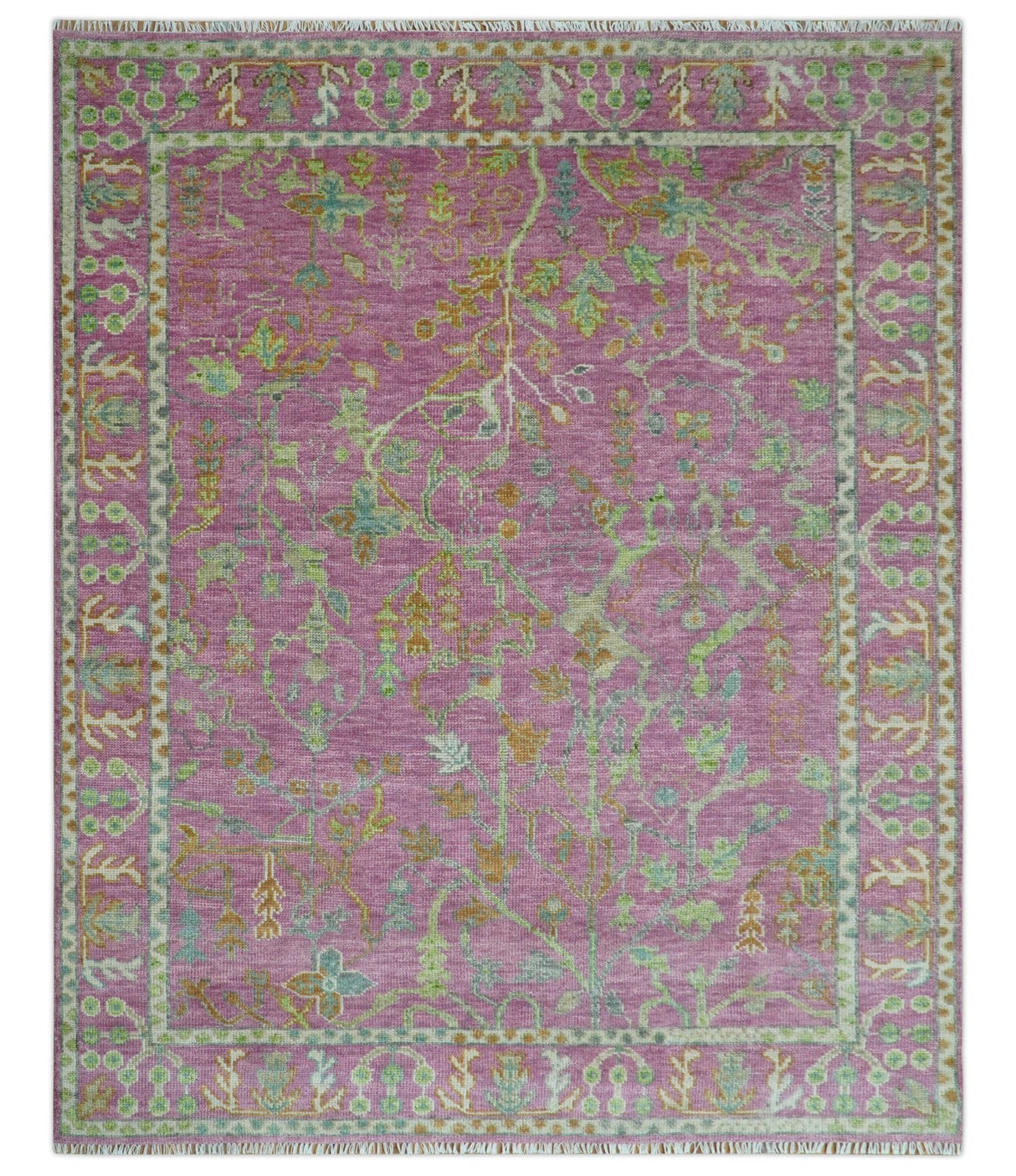 The Plants and Roots Pink and Green Hand Knotted Traditional Custom Made Wool Rug