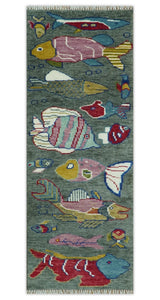 The Sea Life vibrant Colorful Fish Gray Rug Hand Knotted Multi Size Wool Area Rug
