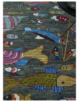 The Sea Life vibrant Colorful Fish Gray Rug Hand Knotted Multi Size Wool Area Rug