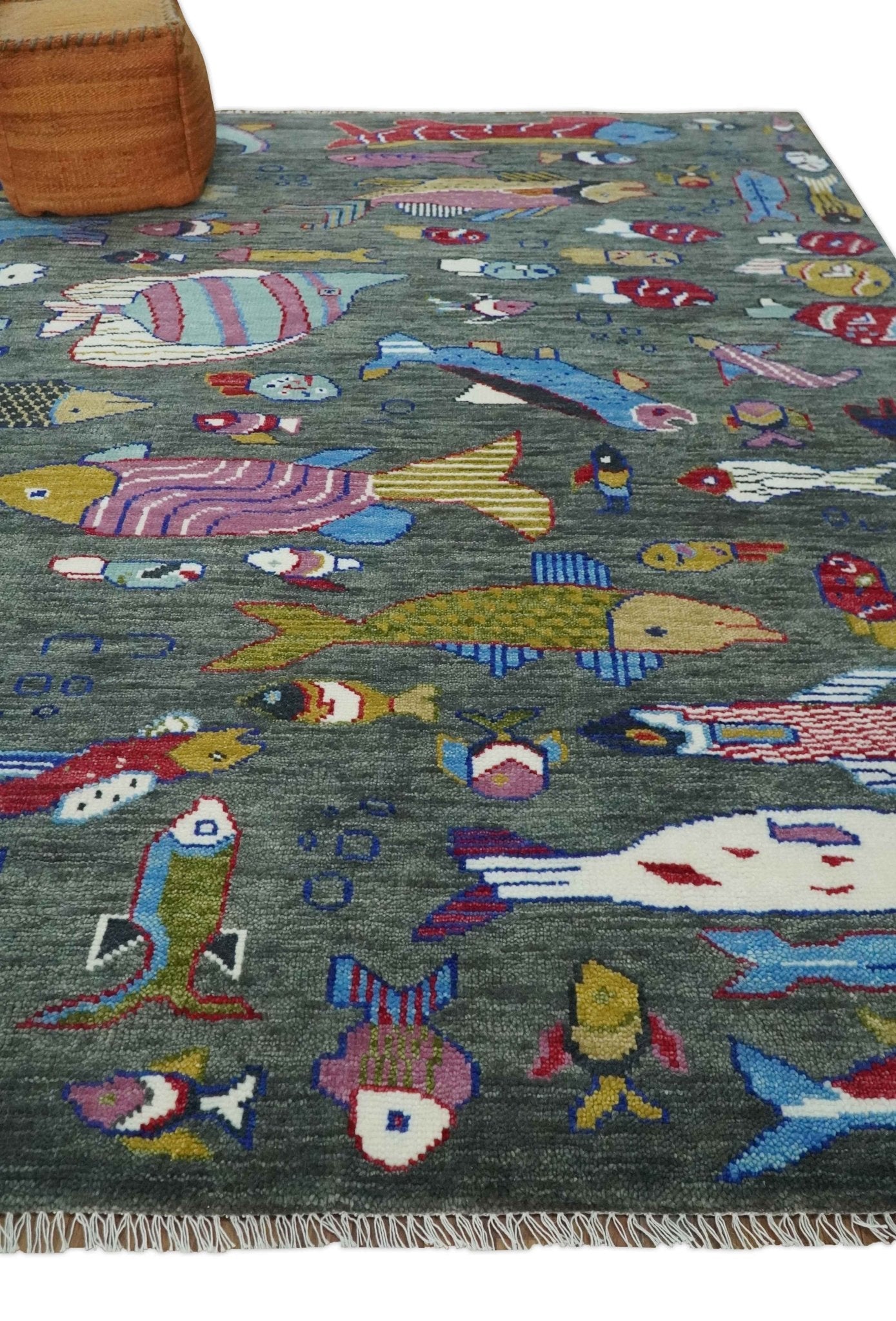 The Sea Life vibrant Colorful Fish Gray Rug Hand Knotted Multi Size Wool Area Rug