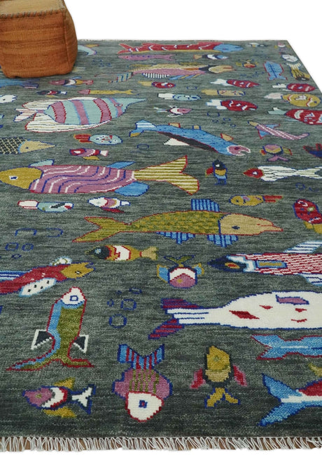 The Sea Life vibrant Colorful Fish Gray Rug Hand Knotted Multi Size Wool Area Rug