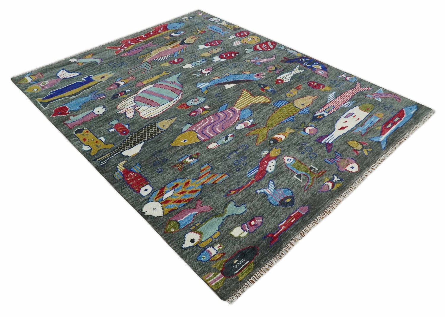 The Sea Life vibrant Colorful Fish Gray Rug Hand Knotted Multi Size Wool Area Rug
