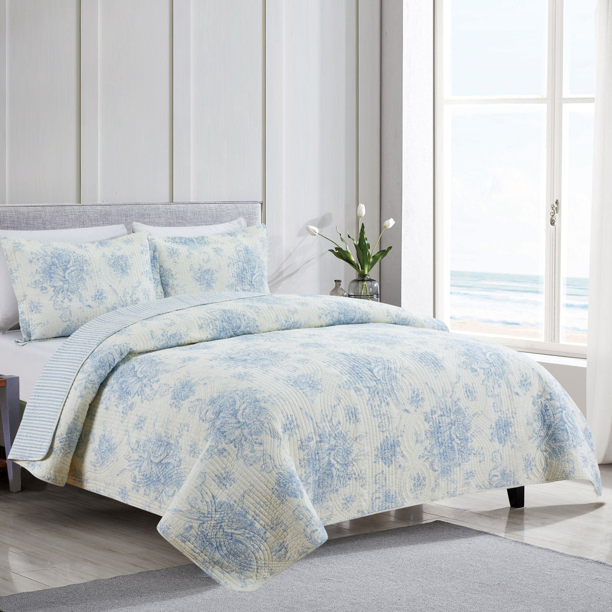 Toile Reversible Cotton Quilt Set-Quilt-Parc Decor