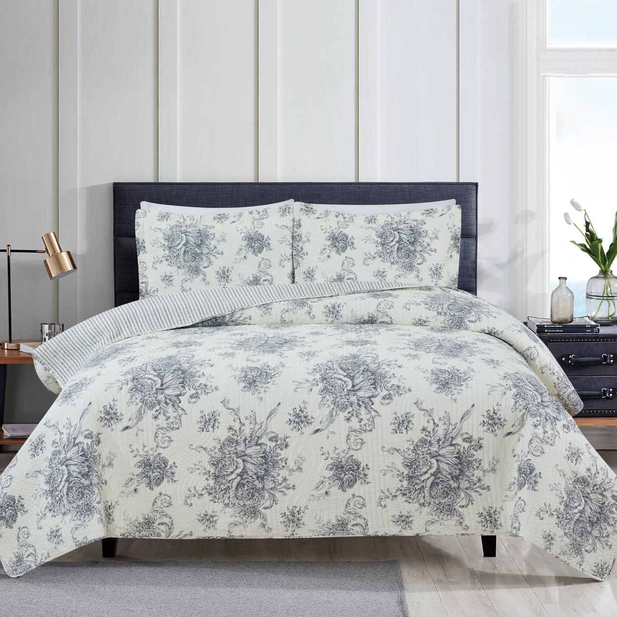 Toile Reversible Cotton Quilt Set-Quilt-Parc Decor